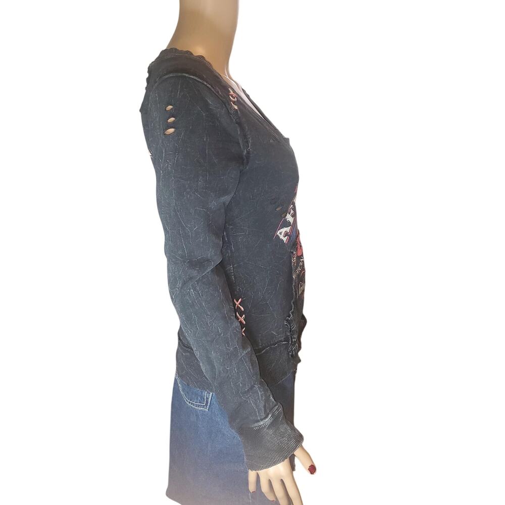 Vintage Y2K Affliction Distressed Skull Wing Mineral Wash Sweatshirt Women's M - Picture 5 of 9